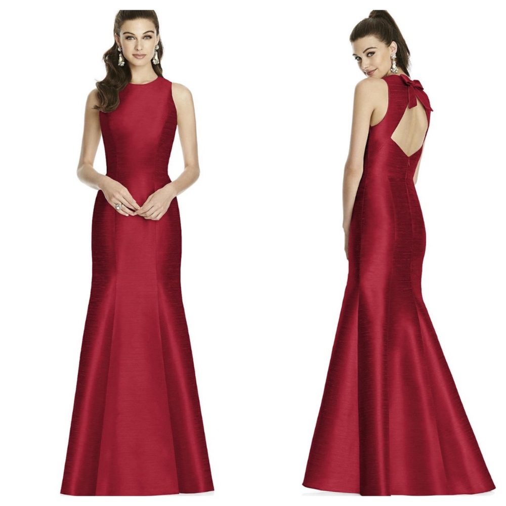 ALFRED SUNG Burgundy Red Satin Mermaid Gown with Back Bow